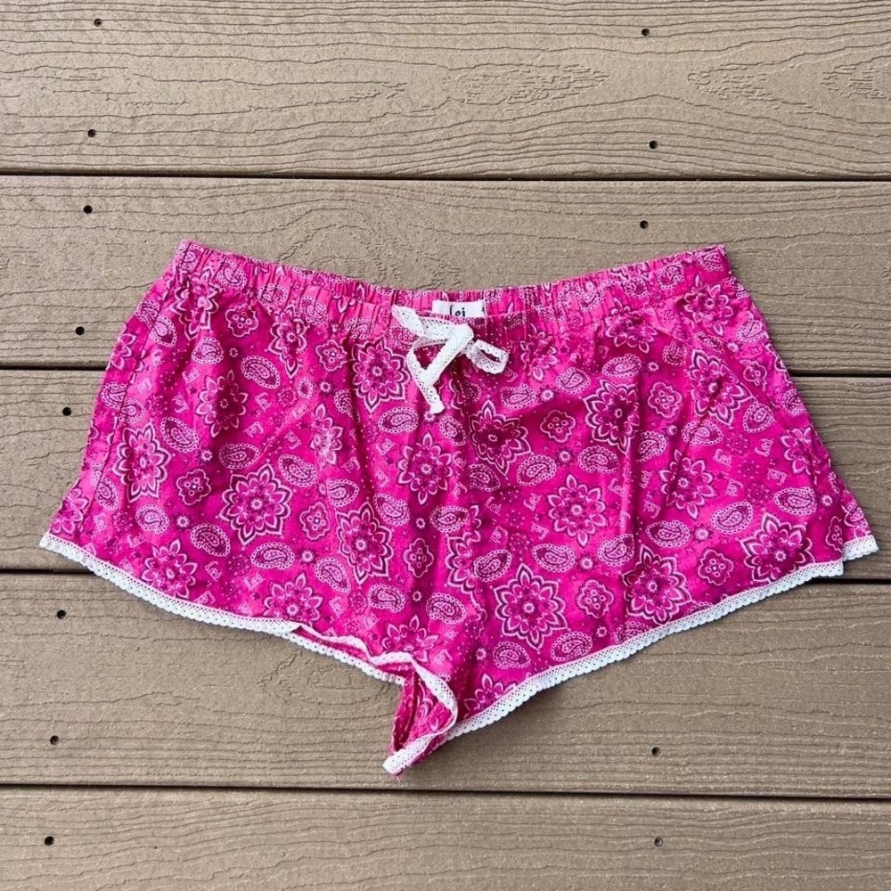 Vintage Y2K L.e.i.‎ Pink Paisley Cotton Pajama Shorts XL w/ Lace Trim Lounge